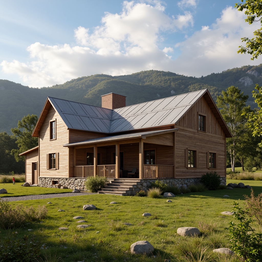 Prompt: Rustic farmhouse, wooden accents, horizontal board-and-batten cladding, weathered wood tones, metal roofing, corrugated iron sheets, stone foundations, natural brick chimneys, earthy color palette, rural landscape, rolling hills, green pastures, cloudy blue sky, warm sunlight, soft focus, 1/1 composition, symmetrical framing, realistic textures, ambient occlusion.