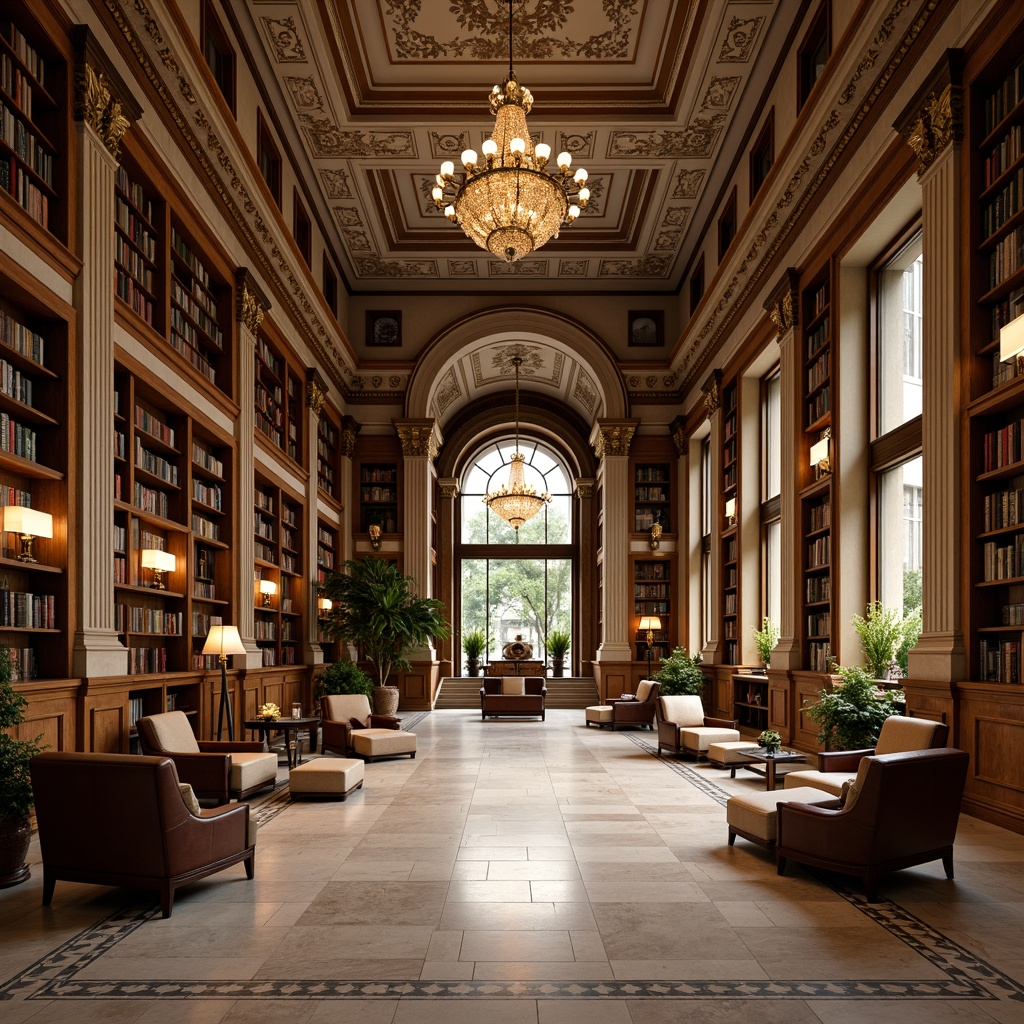 Prompt: Majestic library interior, neoclassical architecture, rich wood paneling, ornate moldings, grand chandeliers, comfortable reading nooks, soft warm lighting, earthy color palette, muted greens, creamy whites, warm beige tones, subtle gold accents, classic bookshelves, leather-bound tomes, cozy armchairs, elegant archways, refined marble floors, sophisticated study areas, natural stone columns, dramatic high ceilings, 1/1 composition, shallow depth of field, realistic textures.