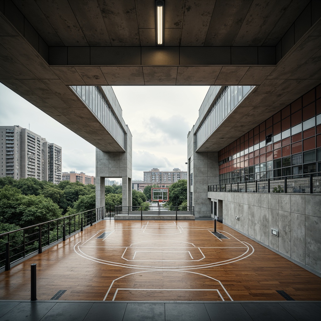 Prompt: Exposed concrete structures, brutalist architecture, open-plan layout, natural light pouring in, industrial-style lighting fixtures, minimalist decor, functional spaces, basketball courts, running tracks, athletic equipment, metal railings, polished wooden floors, raw concrete walls, urban landscape views, overcast skies, dramatic shadows, high-contrast lighting, dynamic camera angles, gritty textures, atmospheric rendering.