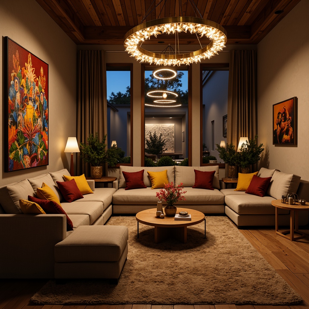 Prompt: Cozy living room, warm ambient lighting, soft glowing lamps, elegant chandeliers, LED strip lights, modern pendant lights, sleek floor lamps, plush sofas, vibrant colorful throw pillows, natural wood furniture, minimalist coffee tables, textured rugs, spacious open-plan layout, 1/1 composition, low-key backlighting, shallow depth of field.