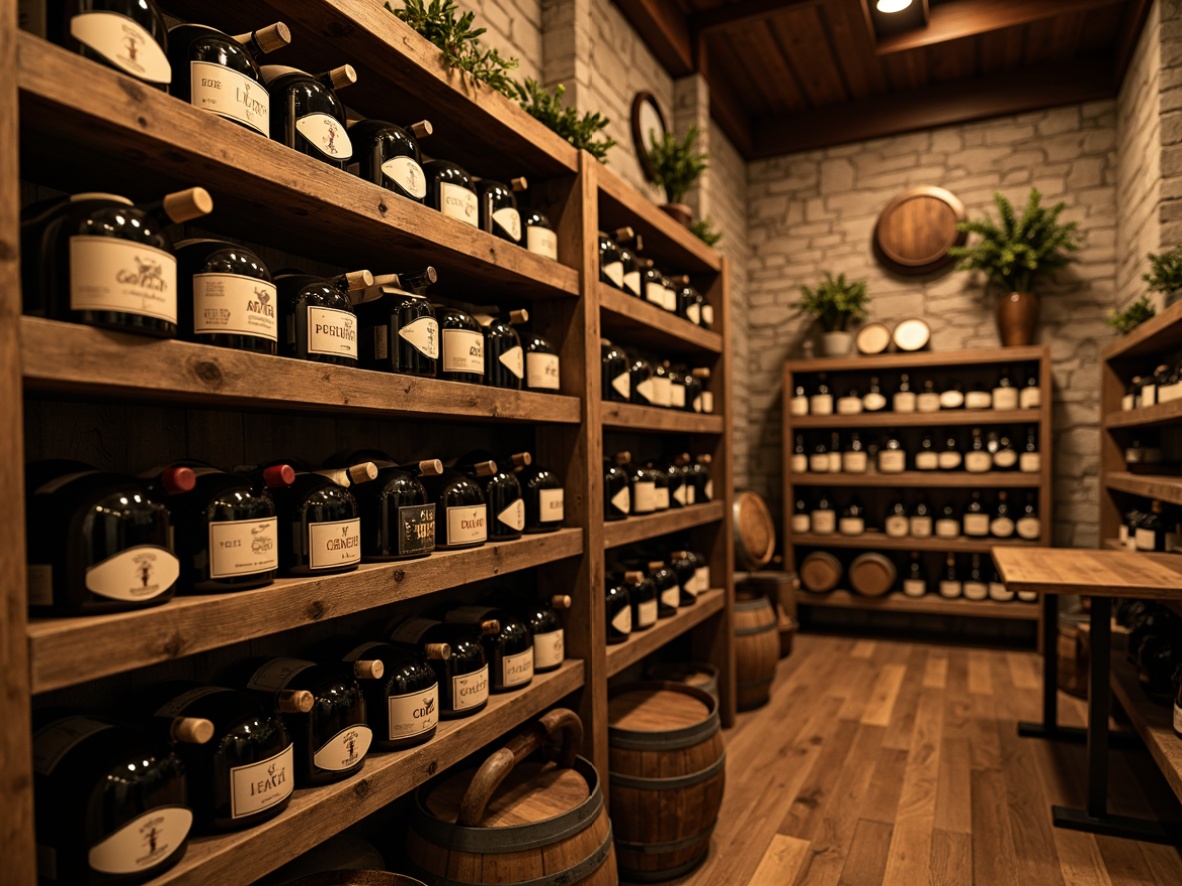 Prompt: Reclaimed wood wine racks, rustic metal frames, earthy tone finishes, wooden barrel heads, vintage-inspired labels, dimly lit ambiance, stone walls, craftsman-style architecture, wooden ceiling beams, rich wood textures, warm golden lighting, shallow depth of field, 1/1 composition, realistic reflections, ambient occlusion.