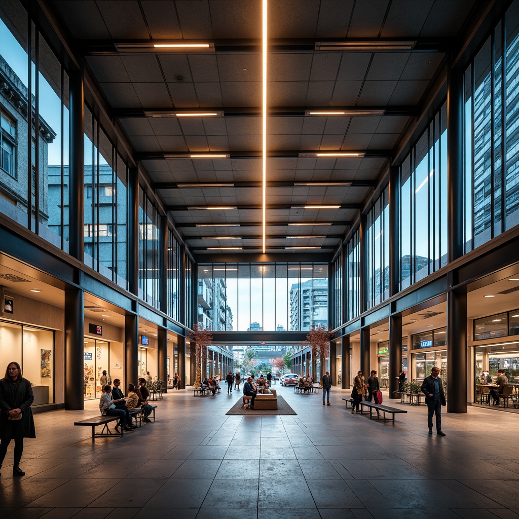 Prompt: Modern bus station interior, sleek metal frames, energy-efficient LED lighting, warm color temperatures, high ceilings, spacious waiting areas, comfortable seating, natural stone flooring, large windows, urban views, soft diffused lighting, layered lighting design, 1/1 composition, shallow depth of field, realistic textures, ambient occlusion.