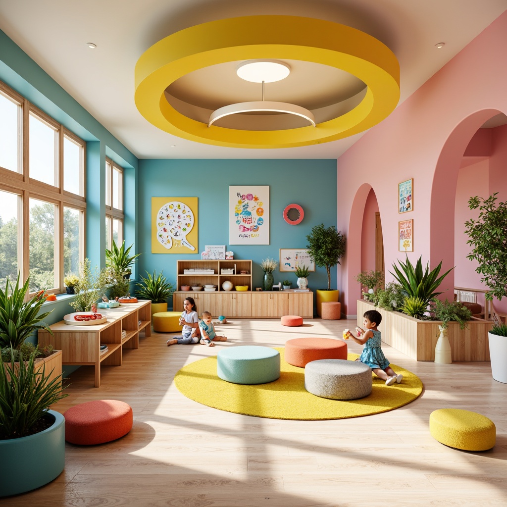 Prompt: Vibrant kindergarten, playful atmosphere, pastel colors, soft pink walls, bright yellow furniture, sky blue accents, greenery surroundings, natural wood textures, colorful artwork displays, educational charts, interactive play areas, rounded corner designs, kid-friendly materials, warm beige flooring, cozy reading nooks, stimulating color schemes, energetic coral hues, gentle cream tones, whimsical illustrations, fun typography, lively polka dots, engaging circular patterns, soft focus lighting, shallow depth of field, 1/1 composition, realistic textures.