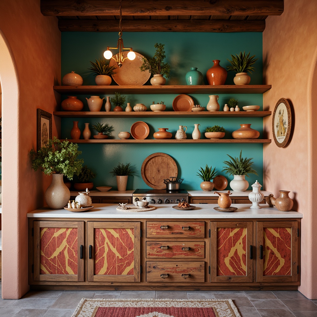 Prompt: Vibrant turquoise accents, earthy terracotta walls, warm sandy beige countertops, rich walnut cabinetry, bold red and orange geometric patterns, distressed wood textures, rustic metal hardware, desert-inspired botanicals, natural stone flooring, woven textiles, vintage pottery displays, soft warm lighting, 1/2 composition, shallow depth of field, realistic renderings.