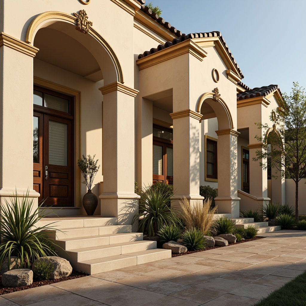 Prompt: Warm beige stucco exteriors, soft cream-colored columns, ornate golden details, rich walnut wood accents, earthy terracotta tiles, muted sage green shutters, dusty blue-gray stone walls, elegant archways, classic pediments, subtle shadowing, warm afternoon sunlight, 1/2 composition, shallow depth of field, realistic textures, ambient occlusion.