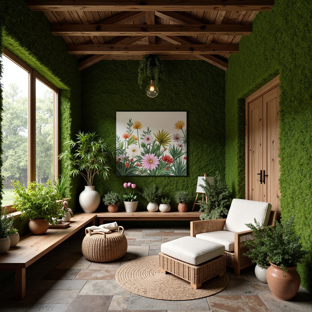 Prompt: Earthy moss green walls, natural stone floors, reclaimed wood accents, lush greenery, vibrant botanicals, whimsical flower patterns, organic shapes, earthy terracotta pots, woven wicker furniture, soft warm lighting, shallow depth of field, 3/4 composition, panoramic view, realistic textures, ambient occlusion, cozy reading nook, plush throw blankets, nature-inspired artwork, serene atmosphere.