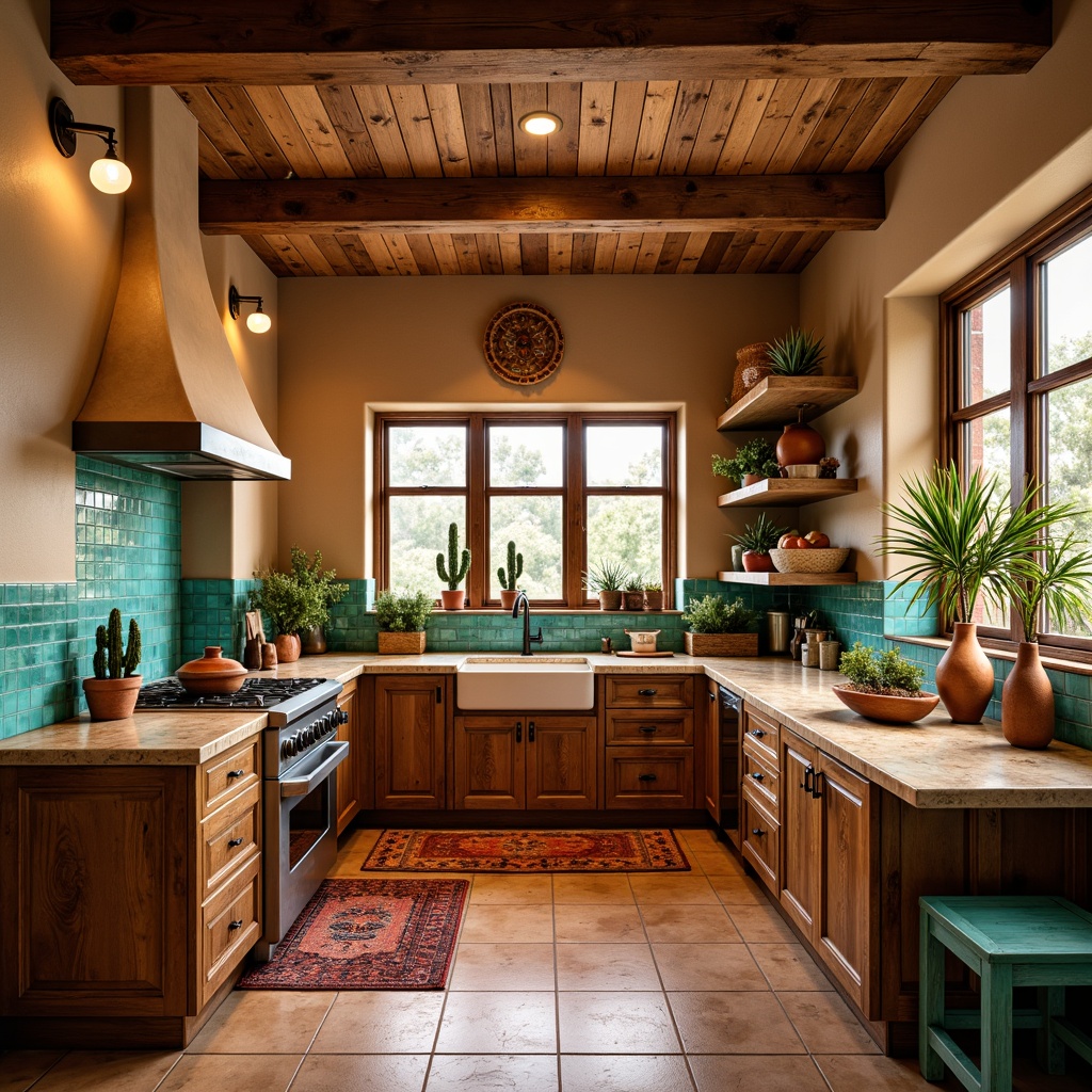 Prompt: Southwestern kitchen, warm earthy tones, rustic wooden cabinets, turquoise accents, geometric tile patterns, distressed finishes, ornate metal hardware, vibrant colorful textiles, woven baskets, natural stone countertops, pendant lighting, open shelving, modern appliances, desert botanicals, cactus decorations, terra cotta planters, warm golden lighting, shallow depth of field, 3/4 composition, realistic textures, ambient occlusion.