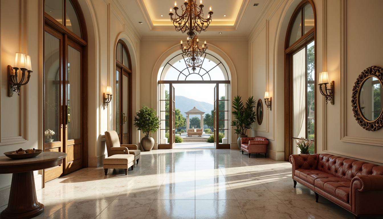 Prompt: Luxurious villa, grand entrance hall, high ceilings, marble floors, ornate chandeliers, crystal pendant lights, sleek metallic sconces, warm ambient glow, soft pastel hues, lavish furnishings, rich velvet fabrics, golden accents, intricate moldings, elegant coves, subtle color transitions, dramatic spotlighting, 1/2 composition, shallow depth of field, warm white lighting, realistic textures, ambient occlusion.