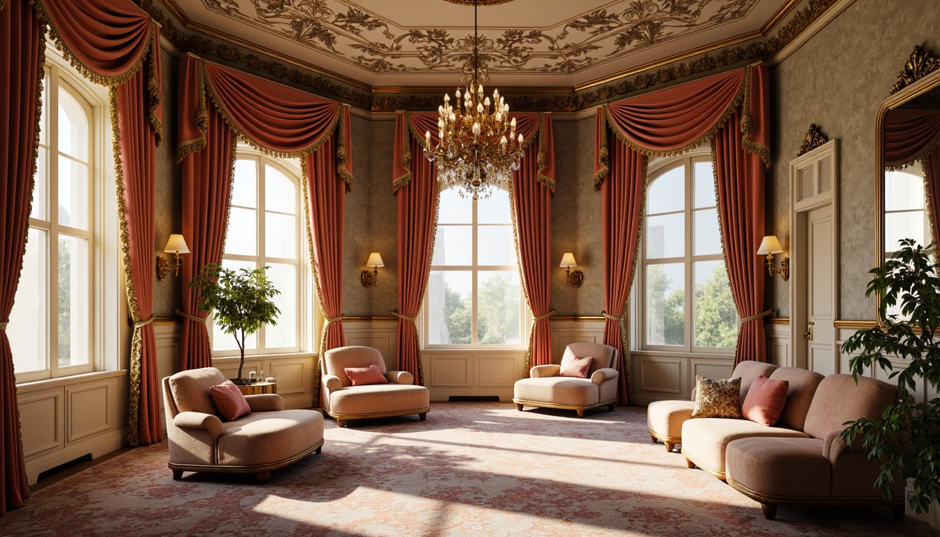 Prompt: Luxurious velvet fabrics, ornate golden embroidery, delicate lace trimmings, soft pastel hues, opulent silk drapes, intricately carved wooden frames, gilded mirrors, ornamental flower patterns, grandiose crystal chandeliers, lavish furnishings, curved lines, asymmetrical compositions, richly textured tapestries, dramatic lighting effects, warm golden tones, highly detailed ornamentation, French Renaissance influences.