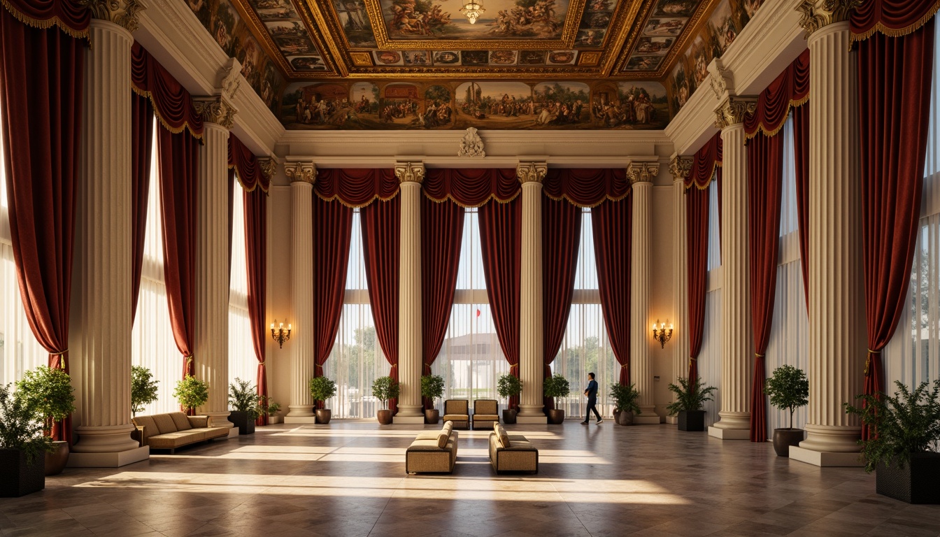 Prompt: Grand neoclassical facade, ornate stone carvings, fluted columns, intricate moldings, symmetrical composition, luxurious golden accents, rich velvet drapes, polished marble floors, soft warm candlelight, subtle gradient shadows, detailed fresco ceilings, ornamental plasterwork, subtle texture overlay, realistic material reflections, 1/1 aspect ratio, shallow depth of field, atmospheric perspective.