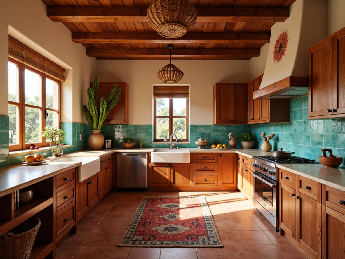 Prompt: Earthy southwestern kitchen, warm terracotta floors, rustic wooden cabinets, vibrant turquoise accents, sandy beige countertops, desert-inspired tile backsplash, cactus-print textiles, natural stone walls, woven rattan lighting fixtures, distressed wood furniture, bold red and orange hues, soft warm lighting, shallow depth of field, 3/4 composition, realistic textures, ambient occlusion.