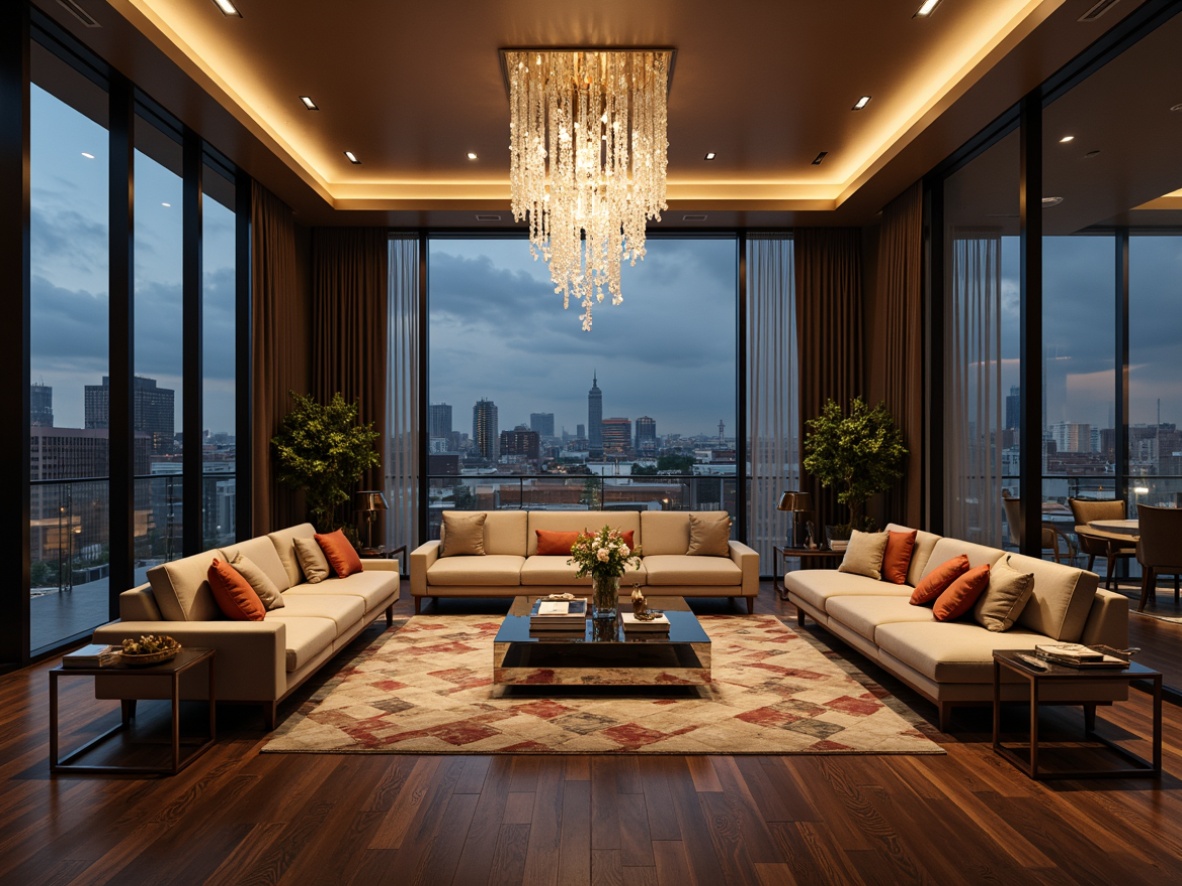 Prompt: Glamorous living room, modern minimalist decor, sleek low-profile sofas, polished chrome coffee tables, floor-to-ceiling windows, urban city views, dramatic pendant lights, crystal chandeliers, warm ambient glow, LED strip lighting, geometric patterned rugs, rich wood flooring, metallic accents, luxurious fabrics, sophisticated color schemes, softbox diffused lighting, 1/1 composition, realistic reflections, high-dynamic-range rendering.