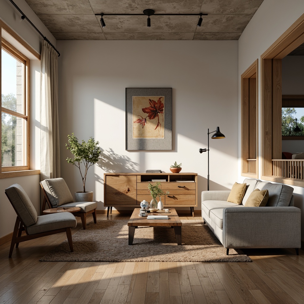 Prompt: Mid-century modern living room, sleek low-profile sofas, tufted velvet armchairs, reclaimed wood coffee tables, industrial metal lamps, minimalist decor, neutral color palette, natural textiles, Scandinavian-inspired accents, geometric patterns, ambient warm lighting, shallow depth of field, 1/1 composition, soft focus blur.