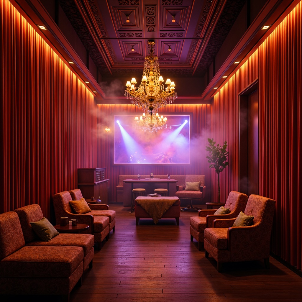 Prompt: Luxurious velvet curtains, rich wood paneling, ornate chandeliers, lavish furnishings, intimate VIP areas, vibrant LED lighting, fog machines, DJ booths, soundproofed walls, acoustic panels, diffusers, bass traps, high-gloss finishes, luxurious textiles, warm ambiance, atmospheric smoke effects, dynamic strobe lights, 3/4 composition, shallow depth of field, cinematic color grading.