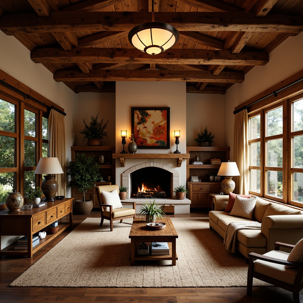 Prompt: Warm and inviting Craftsman interior, rustic wooden beams, earthy tone walls, rich wood furniture, woven textiles, natural fiber rugs, warm bronze lighting fixtures, pendant lanterns, candlelight ambiance, soft warm glow, cozy reading nooks, traditional craftsmanship details, ornate metalwork, vintage decorative accents, distressed finishes, warm color palette, layered window treatments, organic shapes, nature-inspired patterns, morning sunlight, warm afternoon light, soft shadows, 1/1 composition, intimate atmosphere.