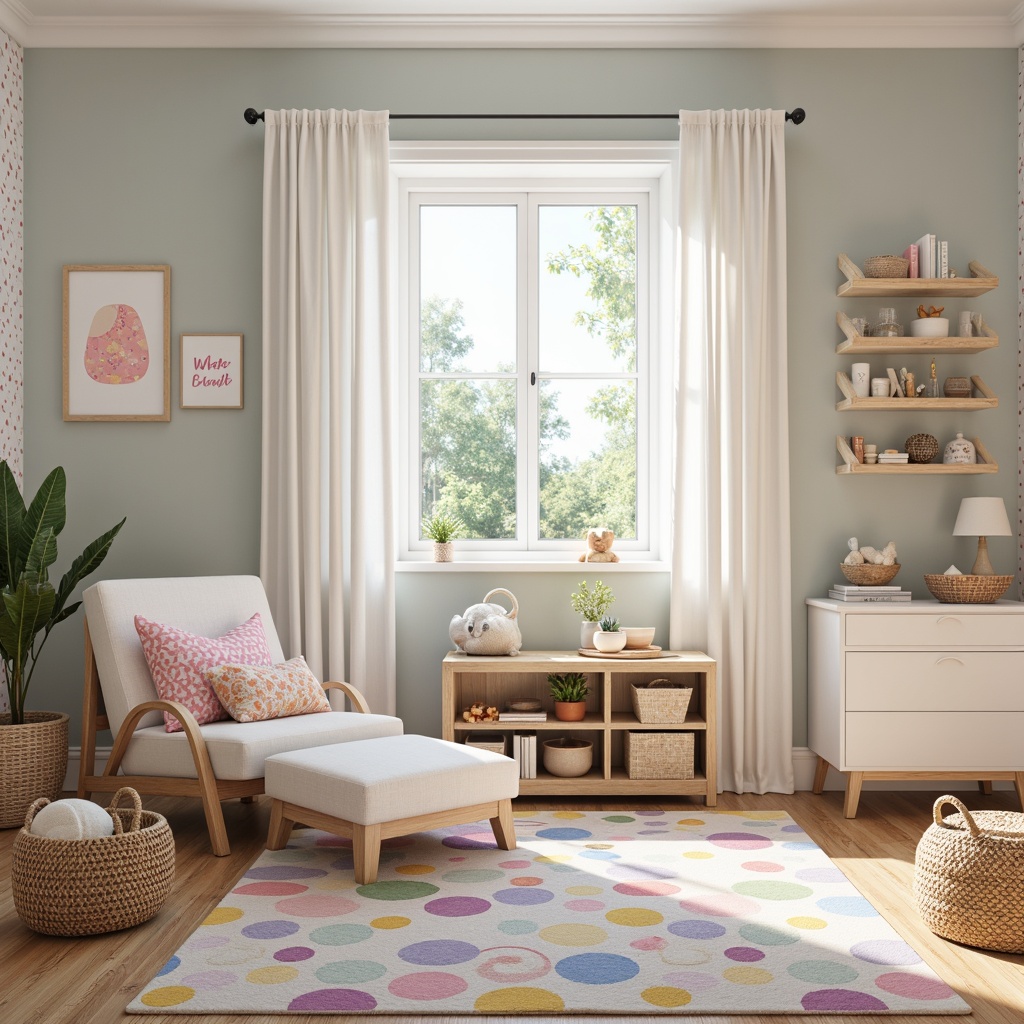 Prompt: Whimsical kids' room, pastel color palette, playful polka dots, fluffy cloud-shaped pillows, wooden alphabet letters, colorful woven baskets, plush area rugs, soft cotton curtains, natural wood furniture, white wicker chairs, cute cartoon character decals, fun patterned wallpaper, cozy reading nooks, warm task lighting, 1/1 composition, shallow depth of field, realistic textures, ambient occlusion.