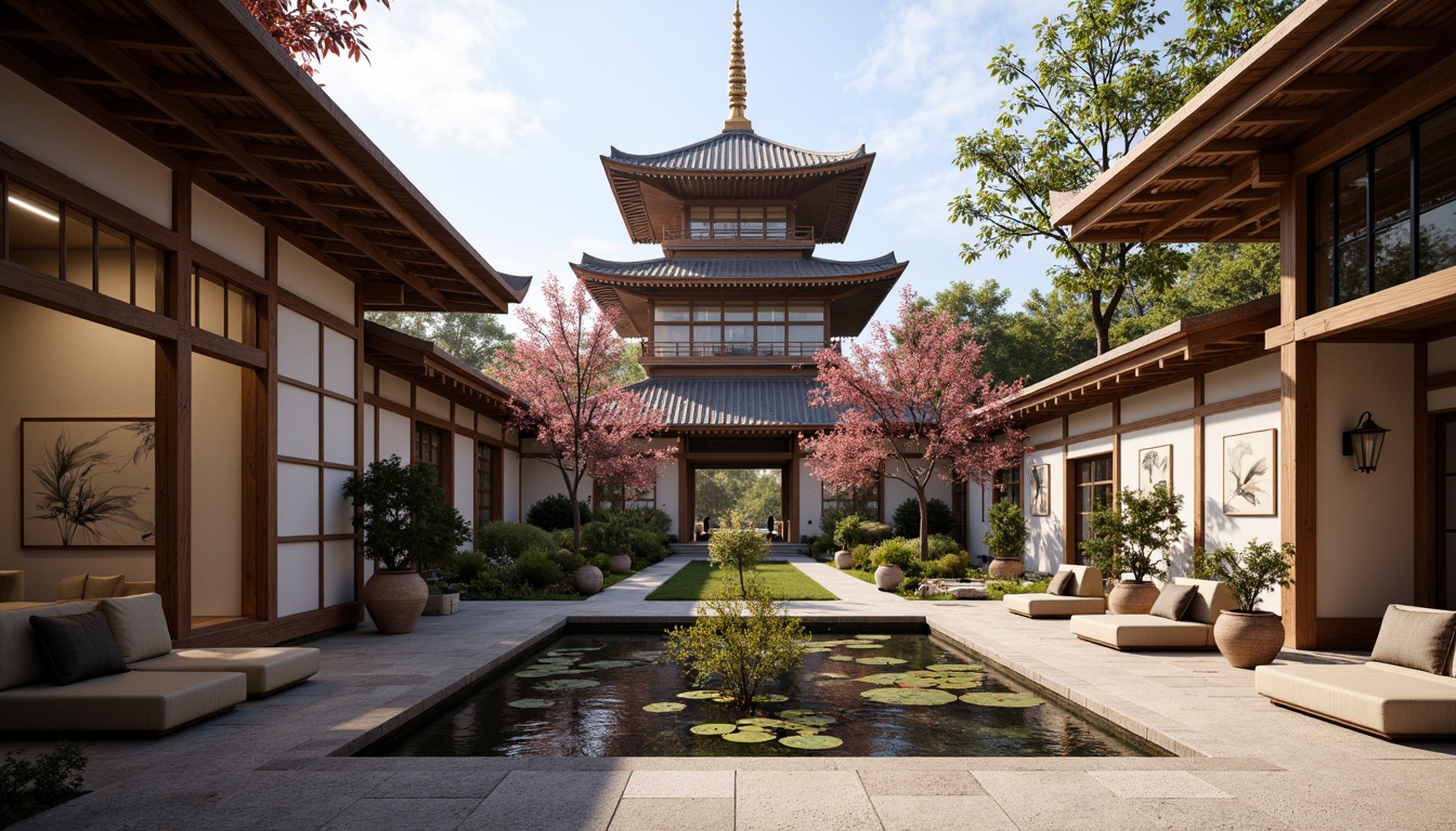 Prompt: Intricate pagoda architecture, ornate lanterns, delicate cherry blossom trees, vibrant koi fish ponds, traditional tatami mats, sliding shoji doors, natural wood accents, paper wall decorations, minimalist furnishings, subtle bonsai trees, serene water features, peaceful garden benches, warm soft lighting, shallow depth of field, 1/2 composition, realistic textures, ambient occlusion.