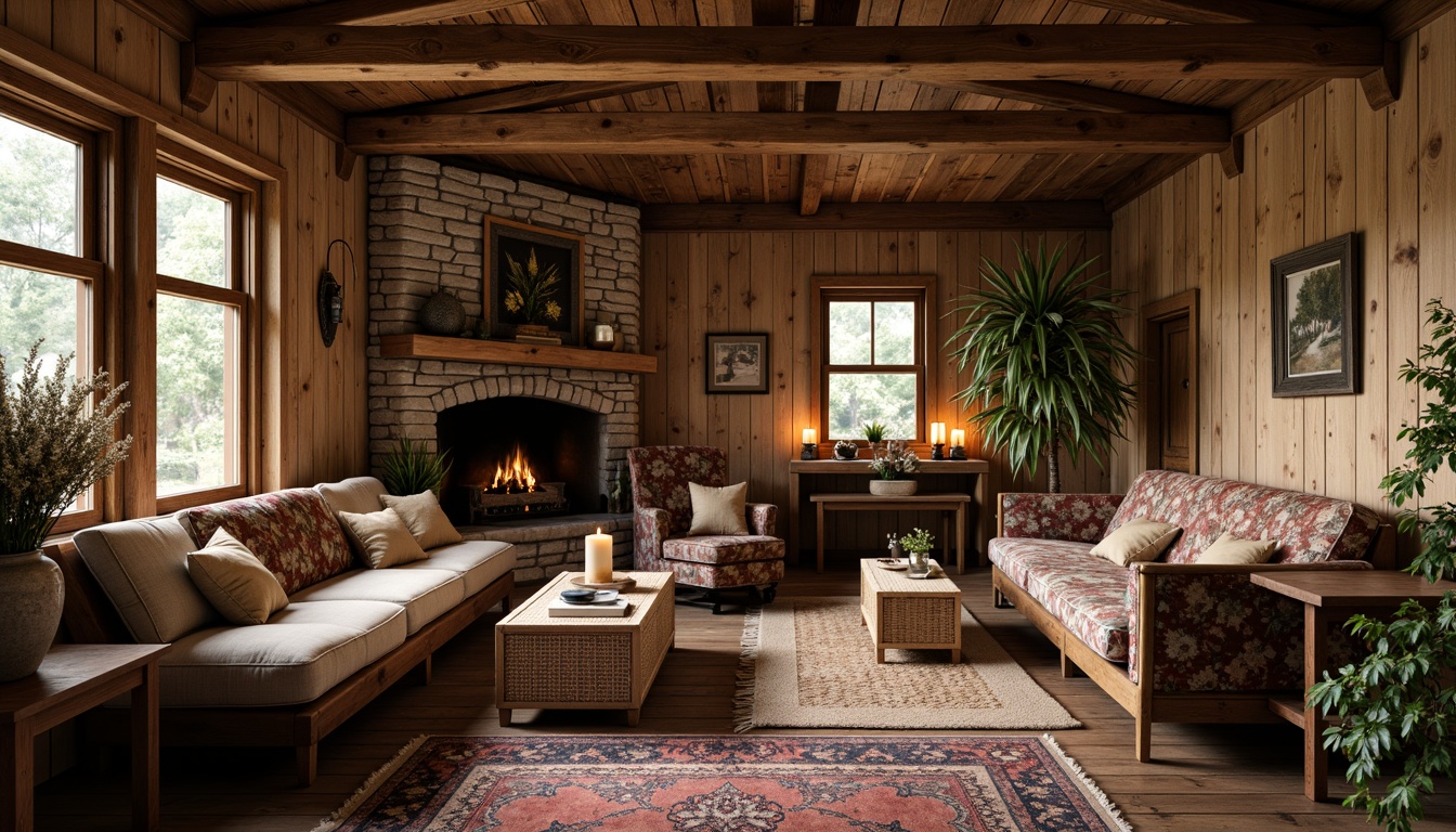 Prompt: Rustic wooden cabin, earthy tone walls, natural stone foundations, textured wood planks, rough-hewn beams, vintage metal fixtures, distressed leather upholstery, woven wicker furniture, floral patterned fabrics, warm candle lighting, cozy reading nooks, plush area rugs, nature-inspired color palette, organic shapes, earthy aroma, soft warm glow, shallow depth of field, 1/1 composition, realistic textures, ambient occlusion.