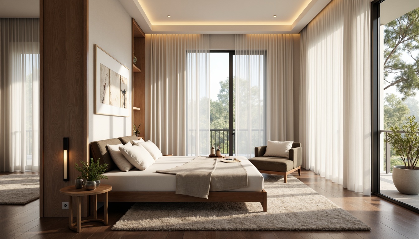 Prompt: Luxurious modern bedroom, minimalist decor, soft beige walls, dark wood flooring, plush area rug, low-profile bed frame, tufted headboard, velvety upholstery, metallic accents, floor-to-ceiling windows, natural light pouring in, sheer white curtains, sleek LED lighting, ambient warm glow, 1/2 composition, shallow depth of field, soft focus, realistic textures, subtle reflections.