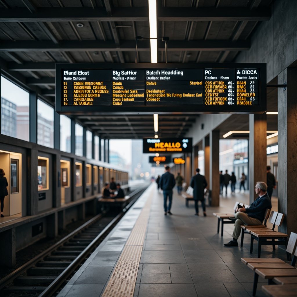 Prompt: Busy train station, modern signage system, clear directional arrows, easy-to-read font, bright LED lighting, stainless steel frames, intuitive navigation, real-time information displays, dynamic scheduling boards, comfortable waiting areas, ample seating, natural stone flooring, urban cityscape, rush hour atmosphere, soft overhead lighting, shallow depth of field, 1/2 composition, realistic textures, ambient occlusion.