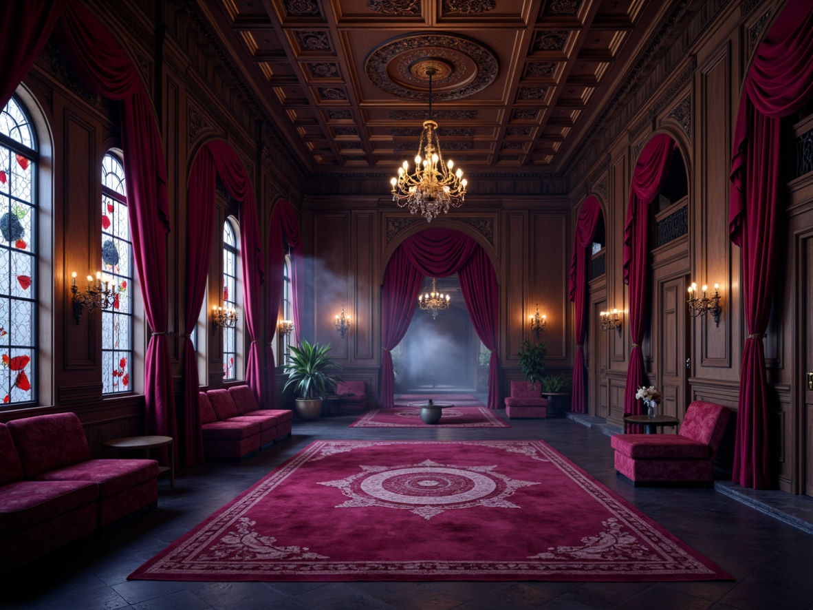 Prompt: Dark mysterious atmosphere, rich velvet fabrics, ornate wooden paneling, grand chandeliers, stained glass windows, heavy drapery, luxurious red and purple hues, deep berry tones, metallic gold accents, intricate stone carvings, dramatic coved ceilings, grandiose archways, mystical symbols, eerie candlelight, mysterious shadows, 3/4 composition, low-key lighting, atmospheric fog effect.