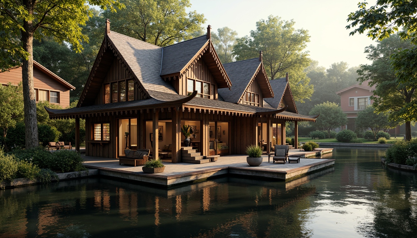 Prompt: Rustic boathouse, wooden dock, tranquil lake, surrounding lush greenery, intricate Victorian-style trim, ornate wood carvings, stained glass windows, decorative shutters, steeply pitched roofs, turrets, dormer windows, clapboard siding, vintage nautical elements, distressed finishes, rich wood tones, warm golden lighting, soft focus, 1/2 composition, atmospheric perspective, realistic water reflections.