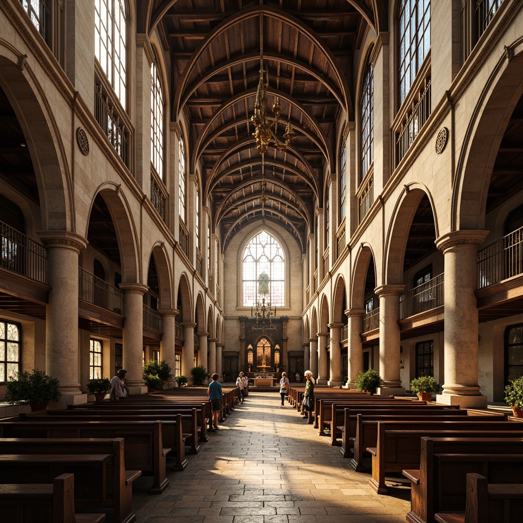 Prompt: Grand cathedral, vaulted ceilings, ornate chandeliers, stained glass windows, intricate stone carvings, rustic wooden pews, sacred altar, dramatic archways, symmetrical nave, natural light pouring in, warm golden tones, soft diffused lighting, subtle shadows, 3/4 composition, classical architecture, ornate details, realistic textures.