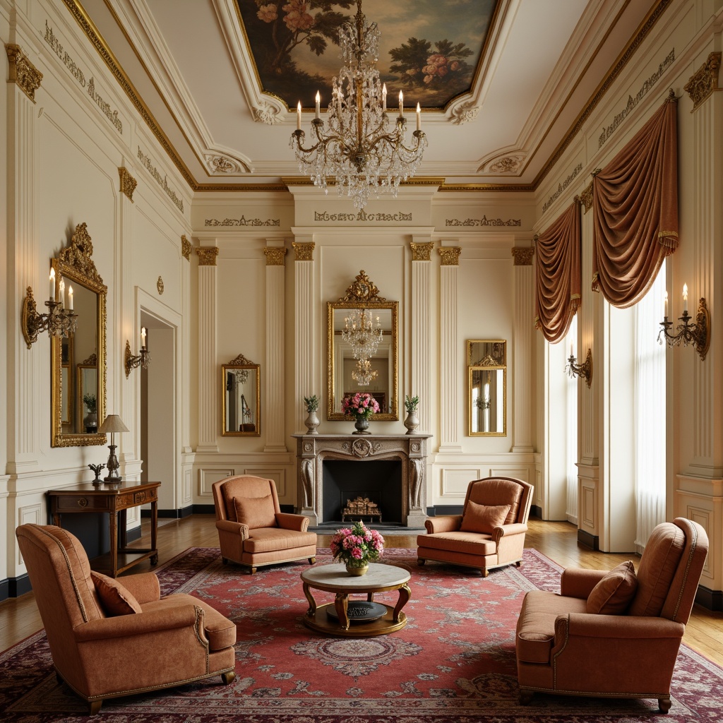 Prompt: Elegant interior, high ceiling, ornate moldings, cream-colored walls, rich wood flooring, luxurious velvet upholstery, intricately carved wooden furniture, gilded accents, crystal chandeliers, subtle lighting, soft warm tones, symmetrical composition, classical proportions, refined lines, ornamental mirrors, antique vases, decorative frescoes, marble fireplaces, sophisticated ambiance, detailed textures, realistic reflections.