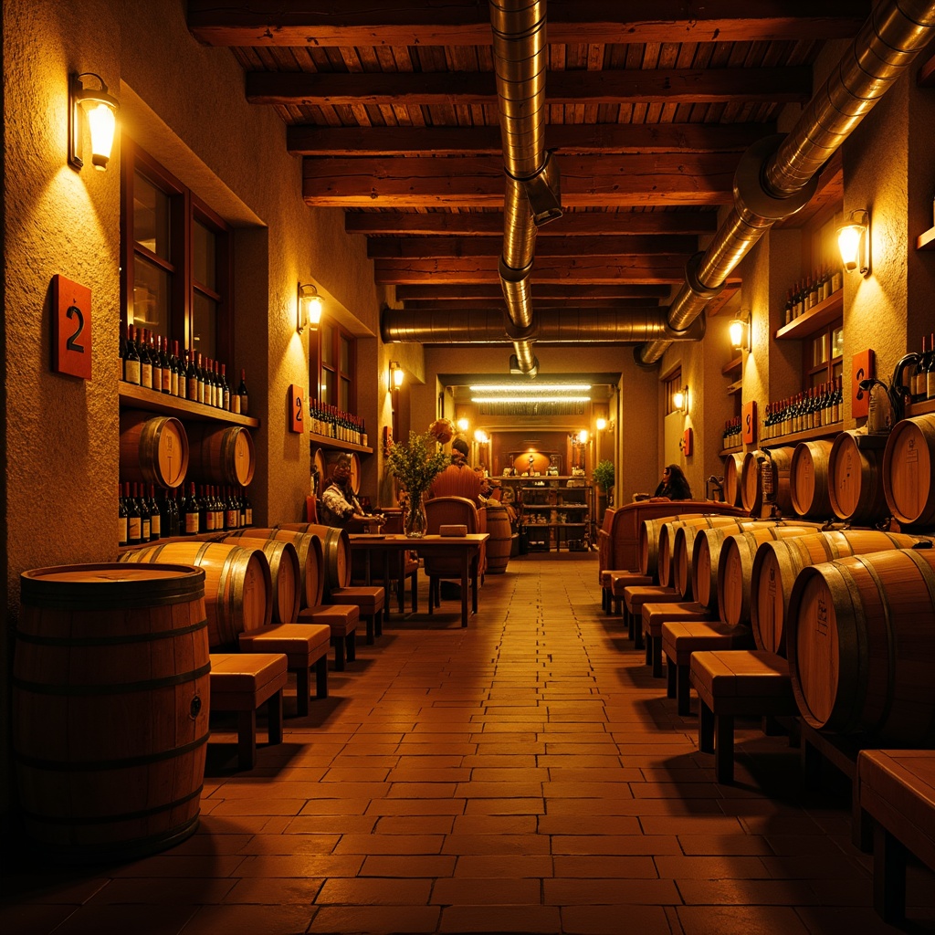 Prompt: Warm winery interior, rustic wooden barrels, vintage wine-making equipment, earthy tone walls, dimmable warm lighting, soft golden glow, LED strip lights, industrial metal fixtures, exposed brick ceilings, wooden floors, cozy seating areas, intimate atmosphere, subtle color temperature changes, dramatic shadows, 1/2 composition, realistic reflections, ambient occlusion.