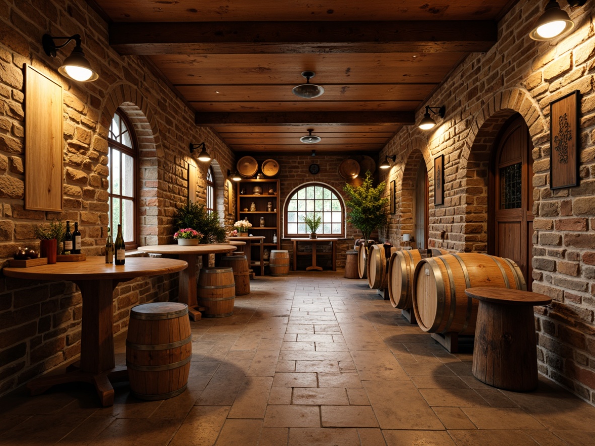 Prompt: Rustic wooden wine cellar, reclaimed barn wood, distressed finishes, metal accents, industrial lighting, stone walls, earthy tones, warm ambiance, intimate setting, dimmable overhead lighting, rich wood grain textures, vintage wine barrels, wooden crates, natural stone floors, arched windows, cozy nooks, soft warm glow, shallow depth of field, 1/1 composition, realistic wood textures, ambient occlusion.