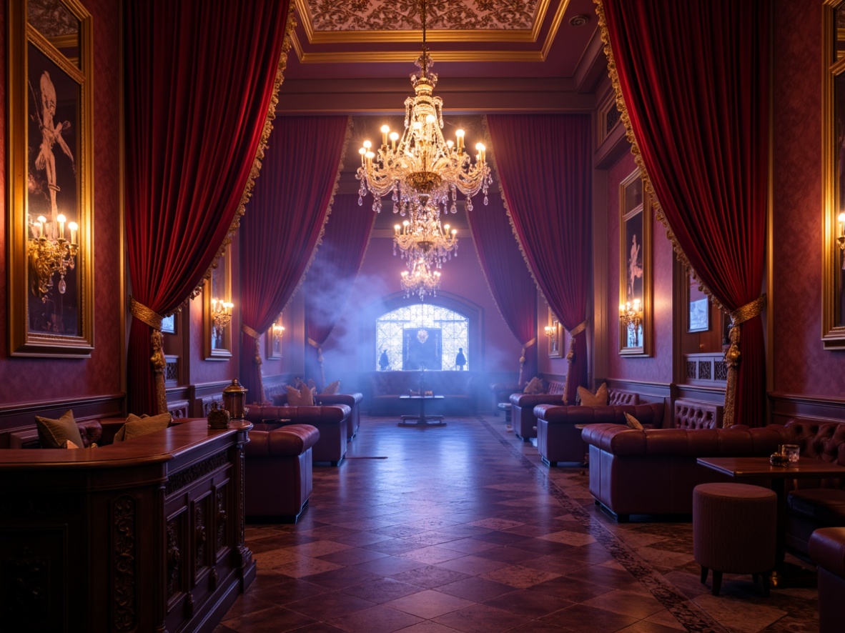 Prompt: Rich velvet drapes, ornate golden frames, lavish crystal chandeliers, dimly lit atmosphere, warm crimson hues, deep blues and purples, intricate molding details, luxurious leather sofas, polished marble floors, classic wooden bars, antique bronze fixtures, soft glowing lanterns, mysterious foggy effects, dramatic spotlights, 3/4 composition, cinematic lighting, realistic reflections, immersive ambiance.