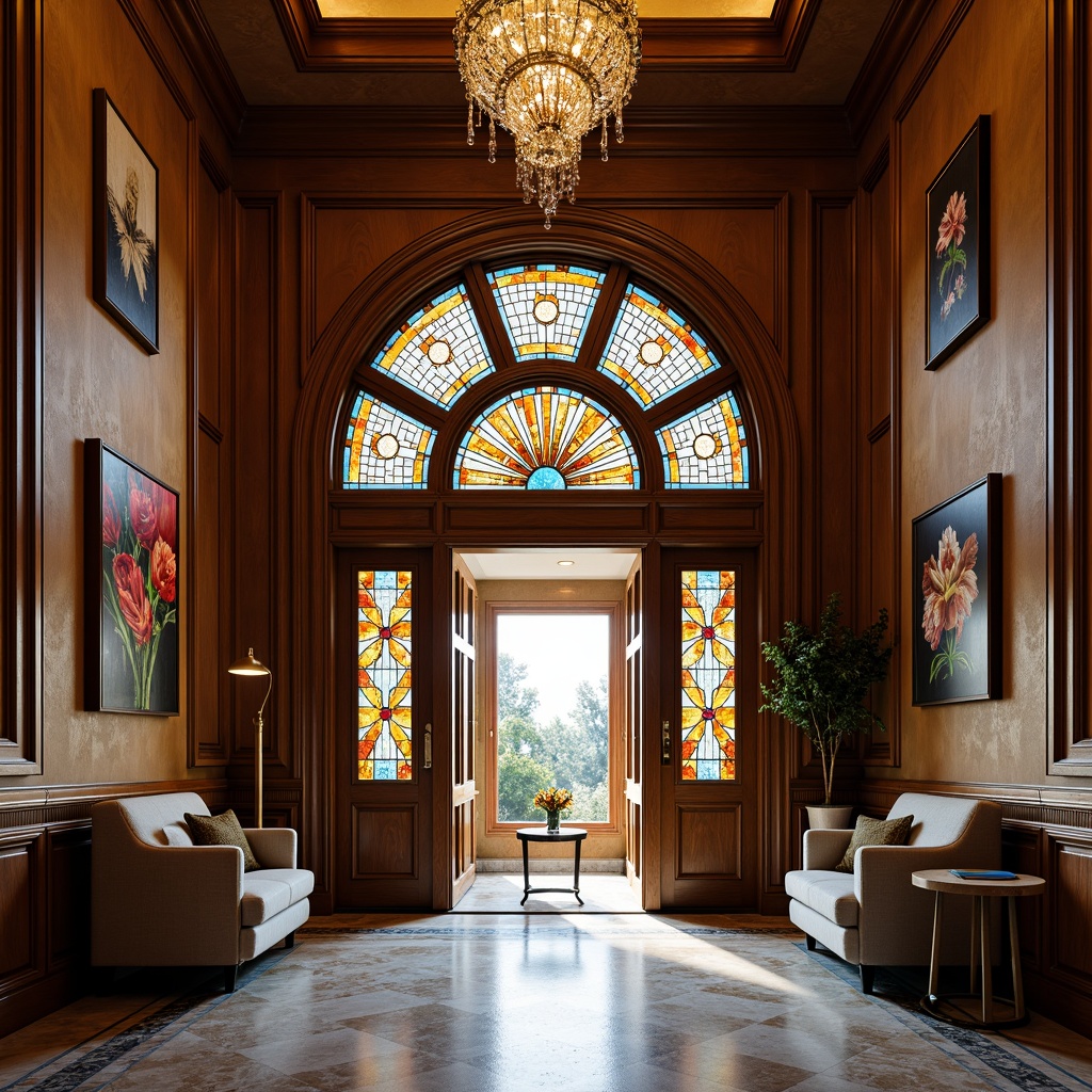 Prompt: Opulent traditional entryway, ornate wooden doors, stained glass inserts, vibrant colors, floral patterns, intricate designs, leadlight construction, grand foyer, high ceilings, crystal chandelier, marble flooring, lavish furnishings, warm ambient lighting, shallow depth of field, 1/1 composition, symmetrical view, realistic textures, subtle reflections.