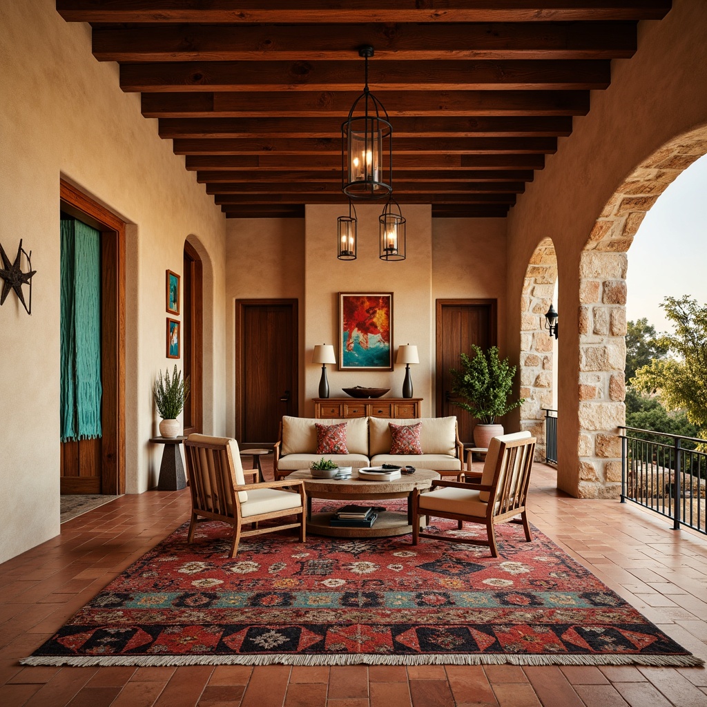 Prompt: Southwestern-style living room, warm earthy tones, terracotta flooring, rustic wooden accents, natural stone walls, vibrant turquoise decorations, woven textiles, geometric patterns, bold colorful rugs, distressed wood furniture, pendant lanterns, warm soft lighting, shallow depth of field, 1/1 composition, realistic textures, ambient occlusion.