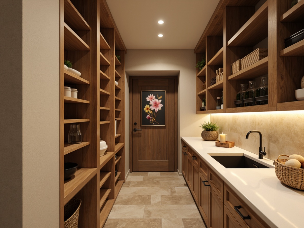 Prompt: Cozy pantry, warm neutral tones, soft beige walls, rich wood accents, earthy brown shelves, creamy white countertops, natural stone flooring, rustic metal hardware, warm task lighting, soft focus, shallow depth of field, 1/1 composition, realistic textures, ambient occlusion.