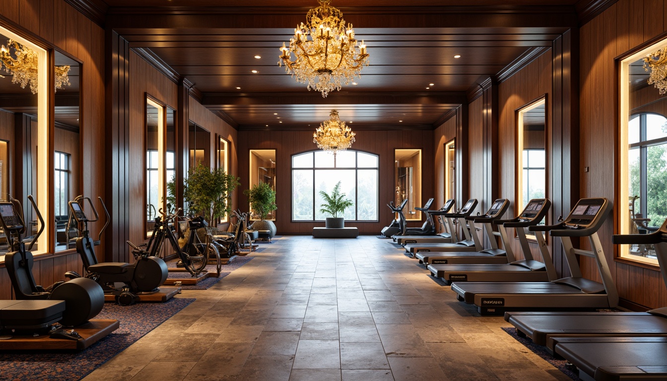 Prompt: Luxurious fitness club, rich wood accents, ornate mirrors, plush carpeting, elegant chandeliers, free weights area, treadmills, stationary bikes, elliptical machines, yoga mats, Pilates reformers, strength training equipment, locker rooms, showers, saunas, steam rooms, relaxation lounges, natural stone flooring, high ceilings, large windows, soft warm lighting, 1/2 composition, realistic textures, ambient occlusion.