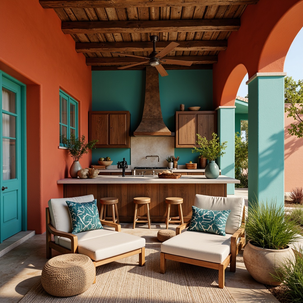 Prompt: Vibrant turquoise accents, warm terracotta walls, earthy adobe red tones, rich walnut wood cabinetry, distressed metal fixtures, rustic stone countertops, woven textiles, bold geometric patterns, desert-inspired botanicals, natural linen upholstery, sun-kissed lighting, shallow depth of field, 3/4 composition, panoramic view, realistic textures, ambient occlusion.