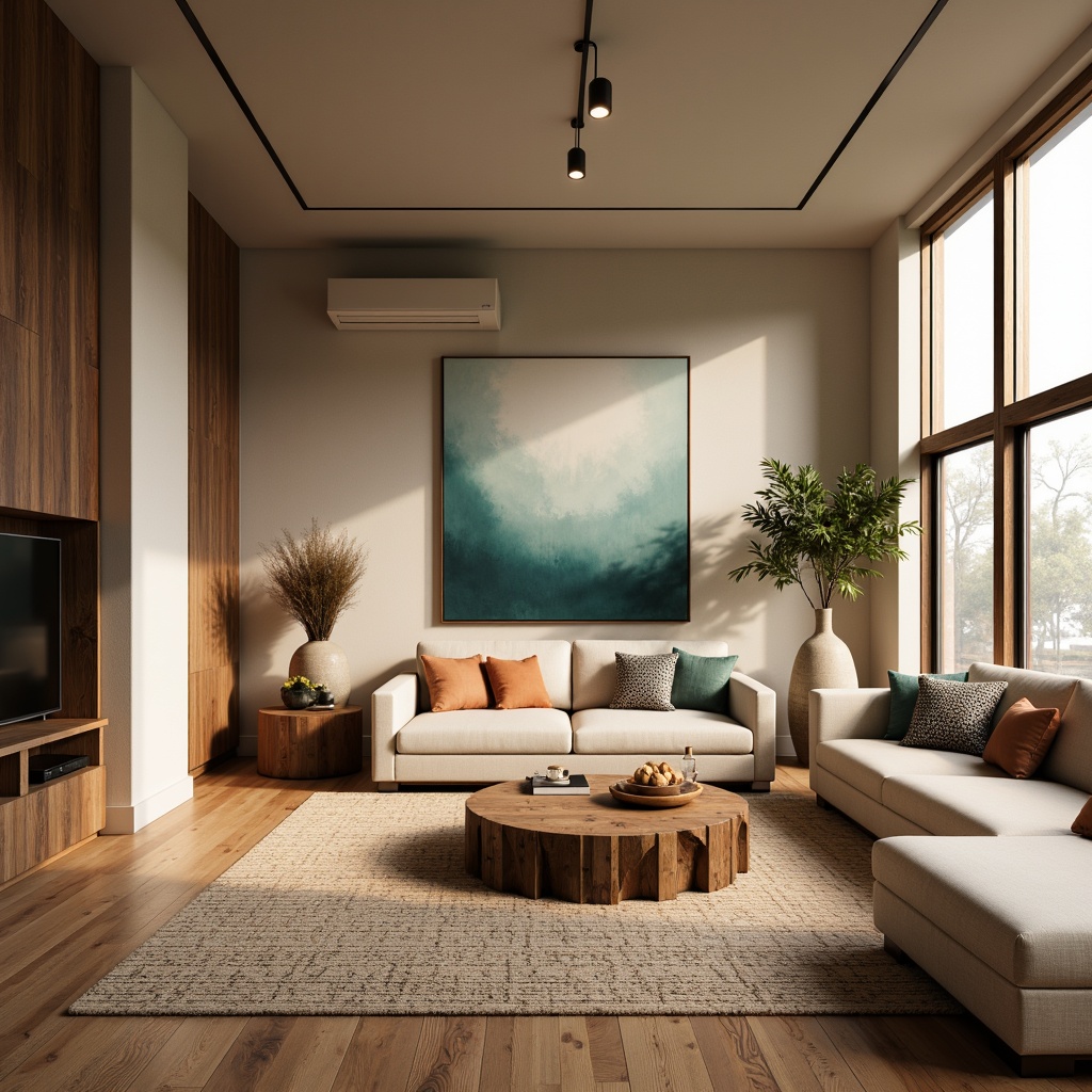 Prompt: Cozy living room, soft warm beige walls, rich walnut wood furniture, plush cream-colored sofas, natural fiber rugs, earthy terracotta accents, calming blue-green artwork, large windows, abundant natural light, gentle warm lighting, shallow depth of field, 1/2 composition, intimate atmosphere, realistic textures, ambient occlusion.