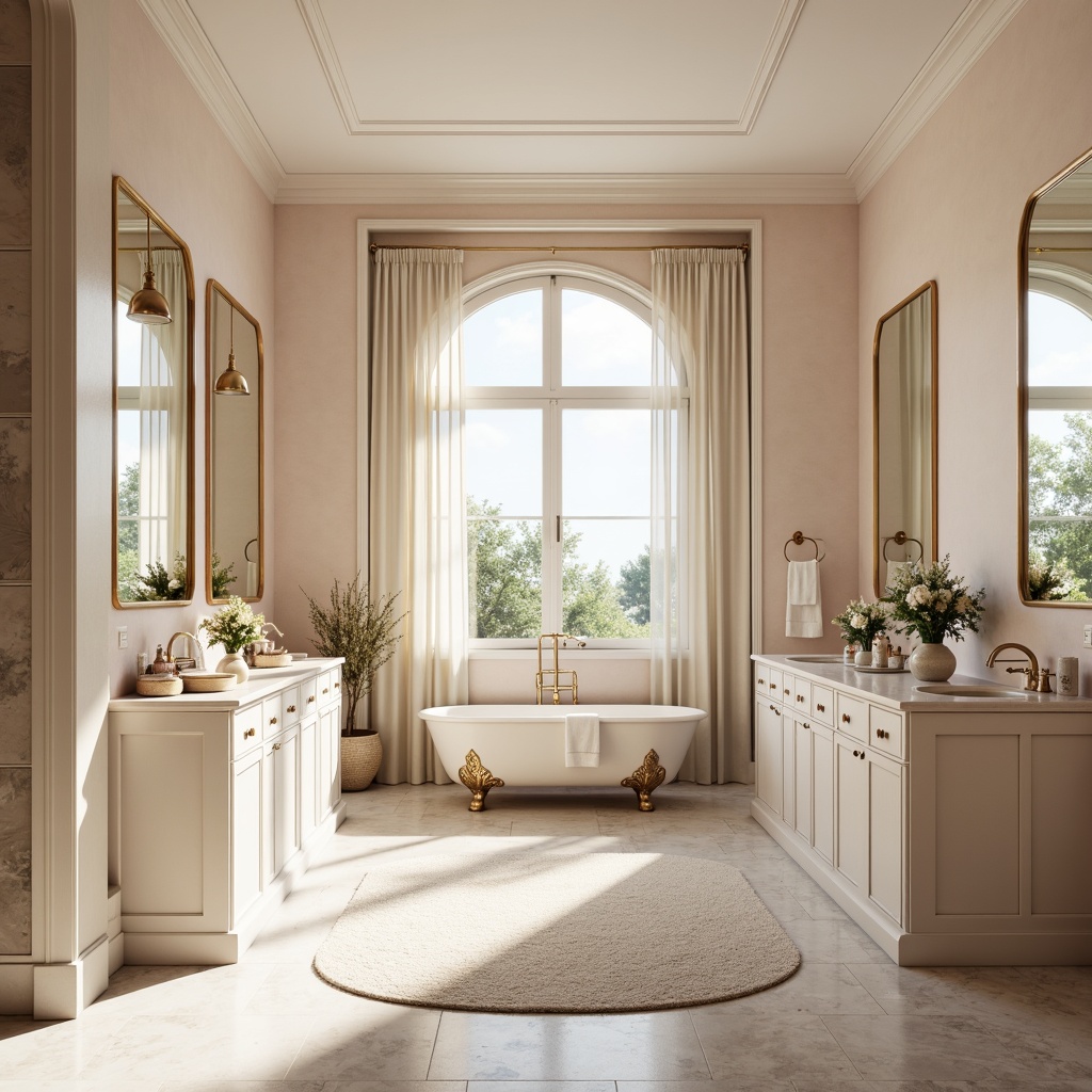 Prompt: Soft pastel hues, calming ambiance, gentle lighting, warm beige tones, creamy whites, pale pink accents, subtle gold hardware, ornate mirrors, luxurious fabrics, plush rugs, delicate florals, natural stone countertops, elegant freestanding tubs, spacious walk-in showers, serene atmosphere, 1/1 composition, softbox lighting, realistic reflections.