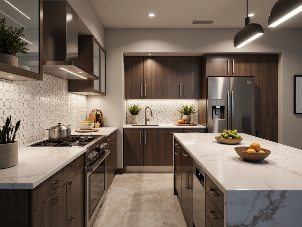 Prompt: Modern kitchen, sleek cabinetry, stainless steel appliances, marble countertops, glass tile backsplash, geometric patterns, subtle texture, warm ambient lighting, shallow depth of field, 3/4 composition, realistic reflections, soft focus, natural stone flooring, wooden island, pendant lights, airy atmosphere.