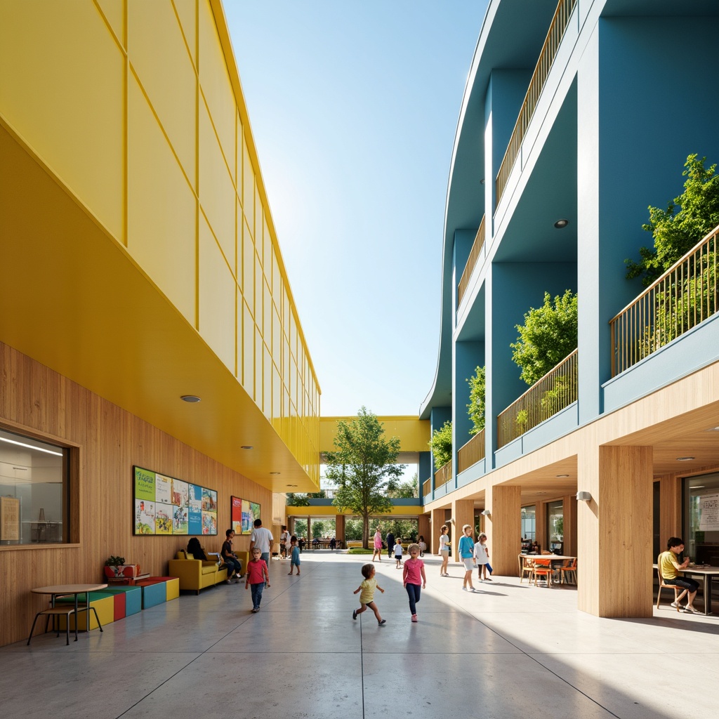 Prompt: Vibrant elementary school, modernist architecture, curved lines, futuristic feel, bright color scheme, yellow accents, blue undertones, greenery walls, wooden textures, minimalist furniture, open classrooms, collaborative learning spaces, interactive whiteboards, colorful lockers, playful murals, natural light, airy atmosphere, shallow depth of field, 1/2 composition, warm soft lighting, realistic render.