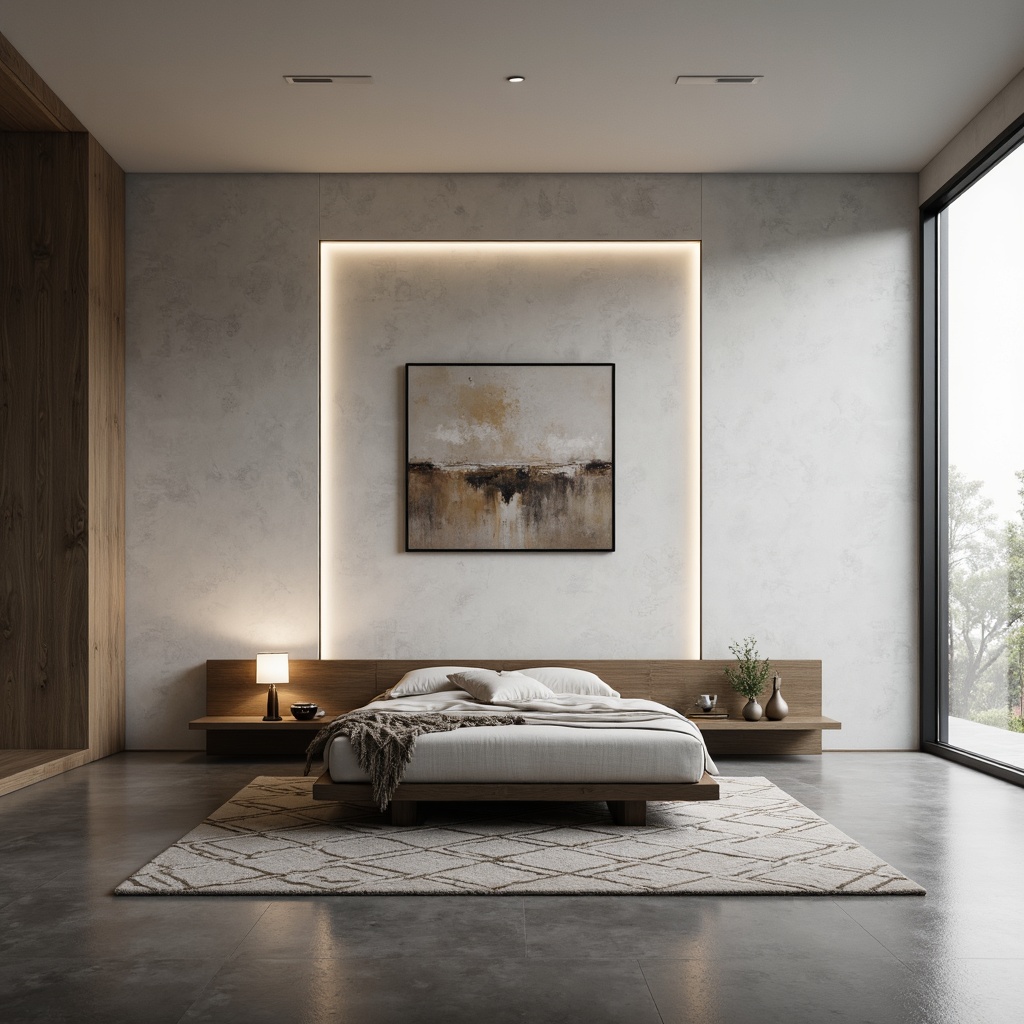 Prompt: Minimalist bedroom, soft gray walls, subtle texture, LED strip lighting, floor-to-ceiling windows, modern minimalist furniture, low-profile bed frame, sleek nightstands, geometric patterned rug, abstract artwork, ambient indirect lighting, 1/1 composition, shallow depth of field, soft focus, natural materials, matte finishes, warm neutral colors, cozy atmosphere.