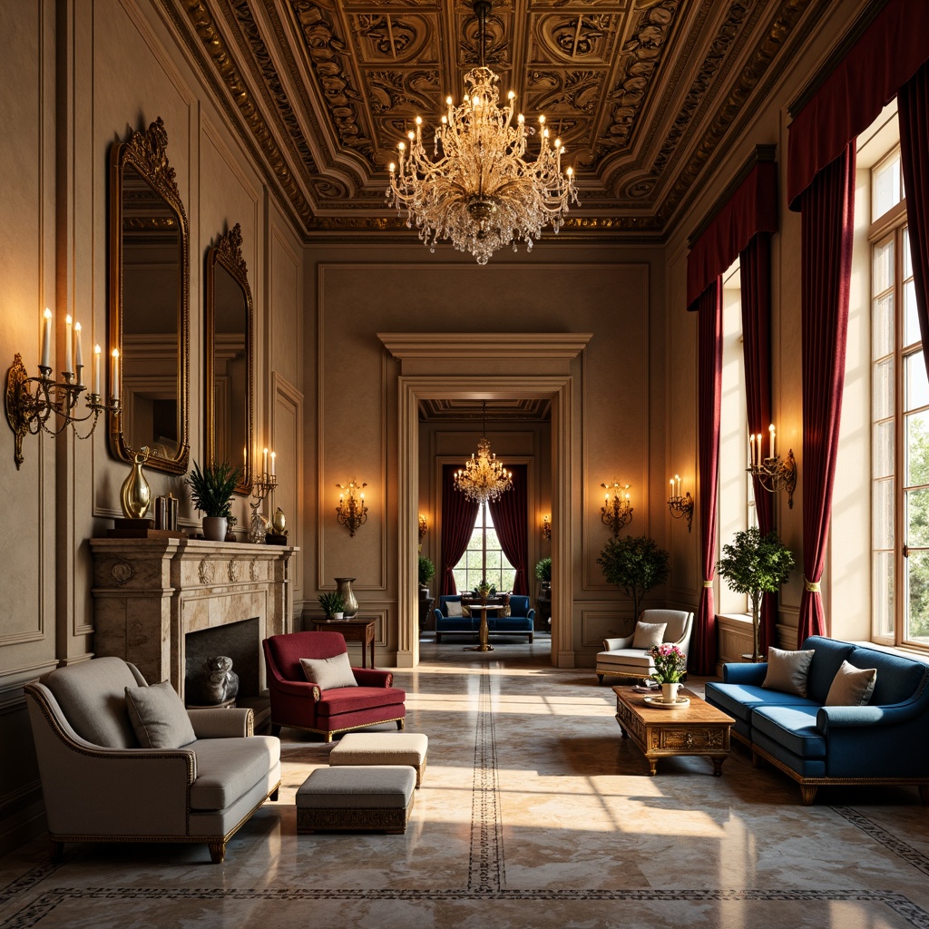 Prompt: Luxurious Baroque interior, rich velvet drapes, ornate golden frames, intricate marble patterns, lavish crystal chandeliers, soft warm candlelight, warm beige walls, deep crimson accents, regal blue upholstery, gilded mirrors, carved wooden furnishings, rustic stone fireplaces, opulent silk fabrics, dramatic high ceilings, grand architectural details, subtle cream textures, warm earthy tones, soft focus photography, cinematic lighting, 1/2 composition, atmospheric perspective.