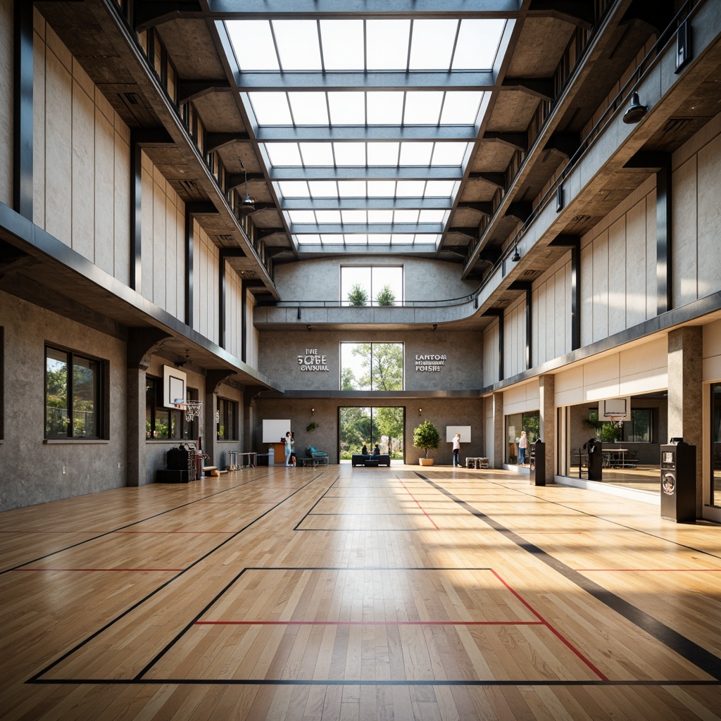 Prompt: Spacious gymnasium interior, high ceilings, clerestory windows, natural light pouring in, wooden flooring, athletic equipment, basketball hoops, volleyball nets, exercise machines, mirrored walls, motivational quotes, modern minimalist design, industrial chic aesthetic, exposed ductwork, steel beams, concrete columns, soft warm lighting, shallow depth of field, 1/1 composition, realistic textures, ambient occlusion.