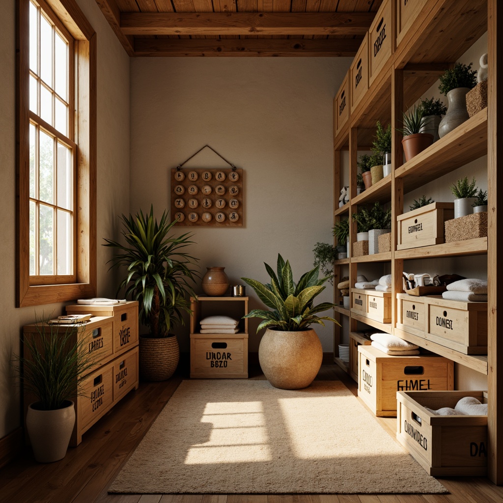 Prompt: Cozy storage room, warm beige walls, wooden shelving units, metallic accents, soft box lighting, calming atmosphere, organized storage solutions, labeled crates, rustic wood tones, earthy brown floors, natural textiles, subtle color contrasts, 1/2 composition, soft focus, ambient occlusion.