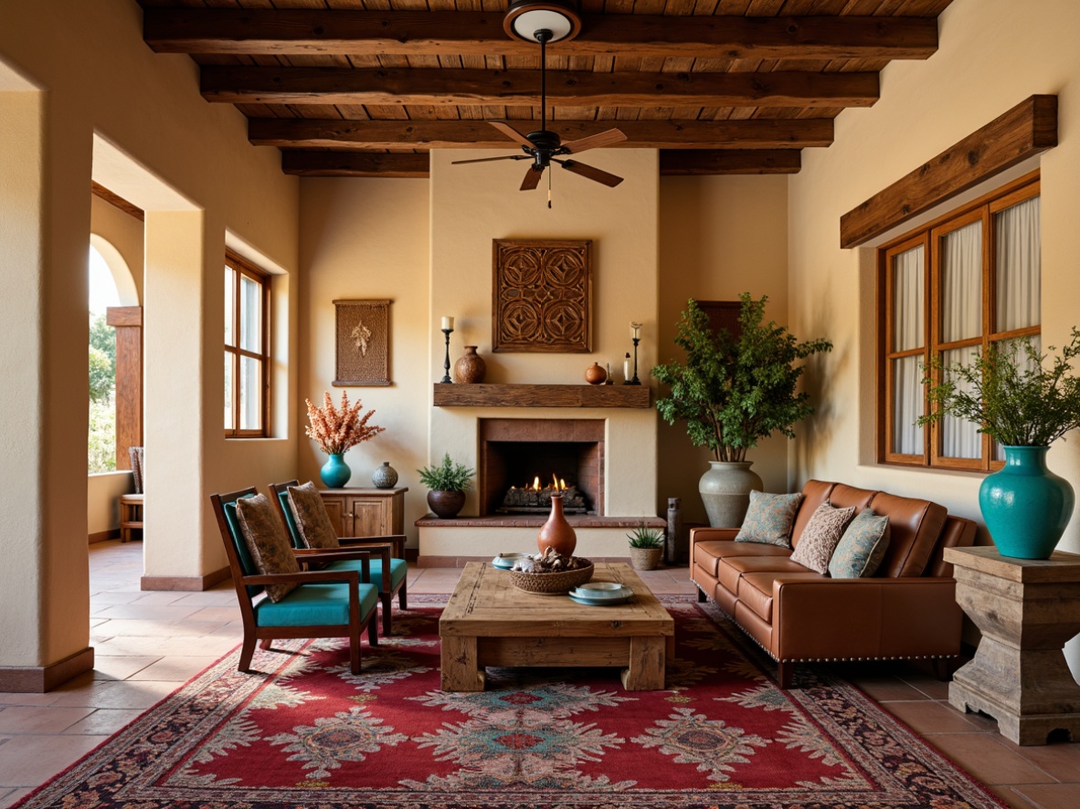 Prompt: Southwestern-inspired living room, earthy tone palette, rustic wooden accents, woven textiles, vibrant turquoise and red hues, geometric patterned rugs, leather-upholstered armchairs, distressed wood coffee tables, clay pottery vases, natural fiber wall hangings, warm ambient lighting, soft focus, shallow depth of field, 2/3 composition, warm beige stucco walls, wooden ceiling beams, terra cotta floor tiles.