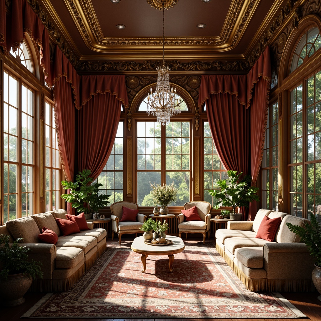 Prompt: Ornate sunroom, lavish furnishings, rich velvet drapes, gilded frames, intricately carved wooden panels, ornamental mirrors, luxurious chandeliers, crystal pendant lights, plush sofas, intricately patterned rugs, Baroque-style armchairs, golden accents, decorative vases, exotic plants, warm sunlight, soft diffused lighting, shallow depth of field, 1/1 composition, realistic textures, ambient occlusion.