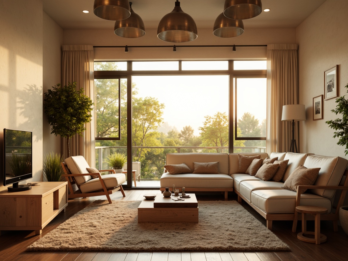 Prompt: Cozy living room, warm ambient lighting, modern pendant lamps, sleek metal shades, soft cream-colored walls, plush area rugs, comfortable sectional sofas, wooden coffee tables, vibrant greenery, floor-to-ceiling windows, natural daylight, warm golden light, 1/1 composition, realistic textures, ambient occlusion.