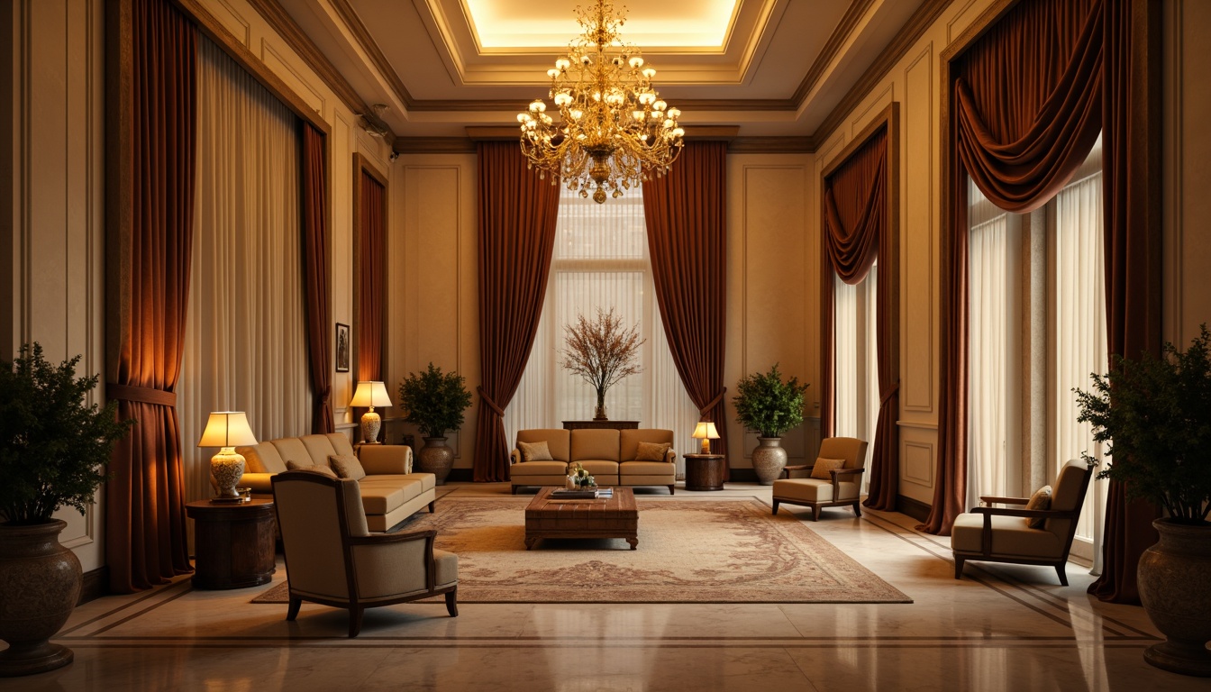 Prompt: Elegant chandelier, ornate candelabras, warm golden lighting, soft diffused glow, rich velvet drapes, heavy luxurious fabrics, intricate carved wood furniture, polished marble floors, high ceilings, classical columns, symmetrical composition, subtle color palette, muted tones, warm beige walls, decorative moldings, crystal pendant lights, table lamps with ornate metalwork, floor lamps with sculpted details, dramatic shadows, atmospheric ambiance, 1/2 composition, realistic textures, soft focus effect.