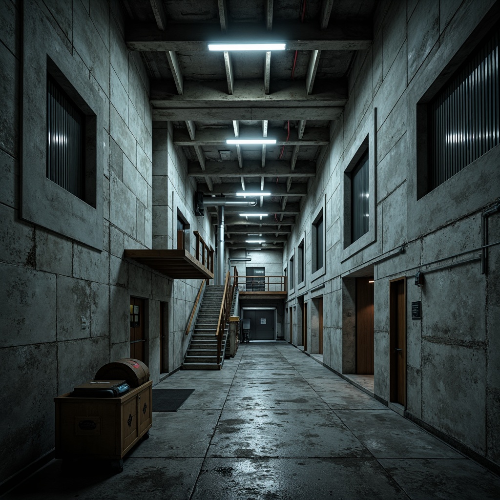 Prompt: Rough concrete walls, exposed ductwork, industrial metal beams, rugged stone flooring, brutalist architecture, fortress-like structures, dramatic lighting, deep shadows, bold geometric forms, raw material textures, cold atmospheric tones, high contrast ratios, cinematic composition, 1/2 camera angle, gritty realistic rendering.