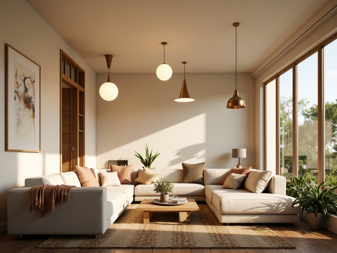 Prompt: Cozy living room, warm ambient lighting, modern ceiling fixtures, pendant lamps, soft glowing orbs, minimalist design, sleek metal shades, creamy white walls, plush sectional sofas, natural wood flooring, greenery accents, floor-to-ceiling windows, sunny afternoon, gentle warm light, shallow depth of field, 1/1 composition, realistic textures, ambient occlusion.